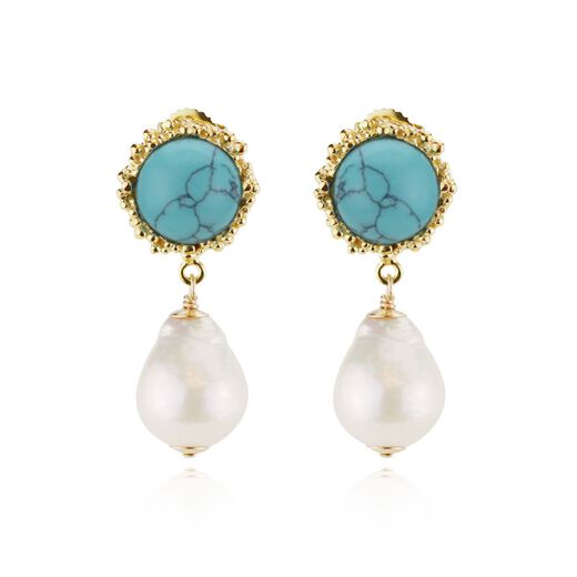 Gold plated earrings with patterned turquoise and suspended, drop shaped pearls